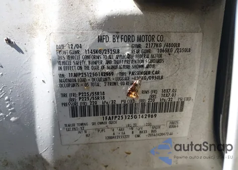 2005 Ford Five Hundred Limited z USA, uszkodzony, nr VIN 1FAFP25125G142969